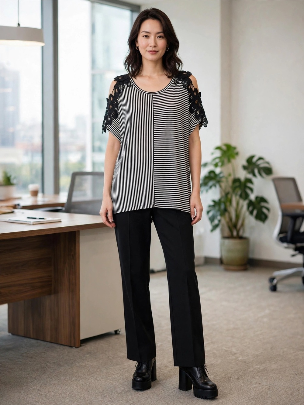 CJ Banks Black & White Striped Cold-Shoulder Tunic with Lace Floral Shoulders
